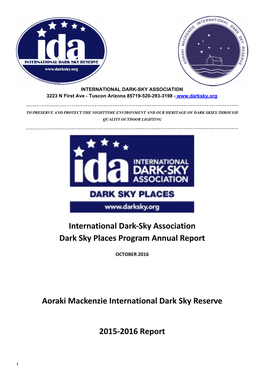 Aoraki Mackenzie International Dark Sky Reserve 2015-2016 Report