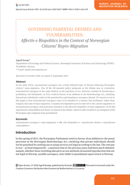 GOVERNING PARENTAL DESIRES and VULNERABILITIES: Affectiv E Biopolitics in the Context of Norwegian Citizens’ Repro-Migration