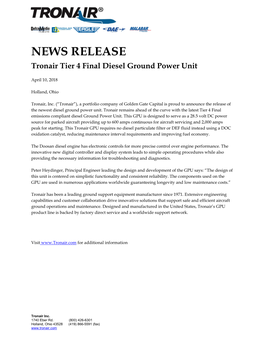 NEWS RELEASE Tronair Tier 4 Final Diesel Ground Power Unit