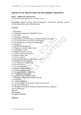 Molecular Adaptation of Halophilic Proteins - Ebel C., Madern D., and Zaccai G