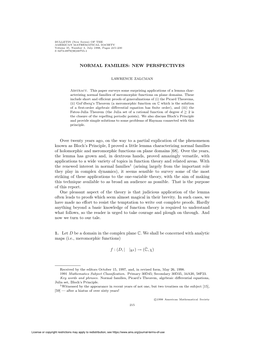 NORMAL FAMILIES: NEW PERSPECTIVES Over Twenty Years Ago, on the Way to a Partial Explication of the Phenomenon Known As Bloch'