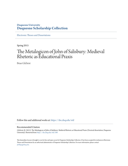 The Metalogicon of John of Salisbury: Medieval Rhetoric As Educational