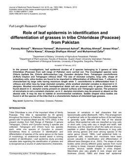 Role of Leaf Epidermis in Identification and Differentiation of Grasses in Tribe Chlorideae (Poaceae) from Pakistan