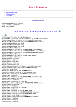 ABC-Listen Zu Familienbuch Rk. Ürzig St. Marterus 1522-1918