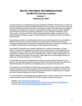 ME/CFS TREATMENT RECOMMENDATIONS US ME/CFS Clinician Coalition Version 1 February 20, 2021