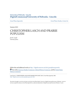 CHRISTOPHER LASCH and PRAIRIE POPULISM Jon K