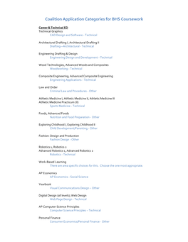 Coalition Application Categories for BHS Coursework