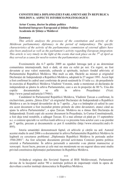 CONSTITUIREA DIPLOMAŢIEI PARLAMENTARE ÎN REPUBLICA MOLDOVA: ASPECTE ISTORICO-POLITOLOGICE Artur Cozma, Doctor În Ştiinţe Po