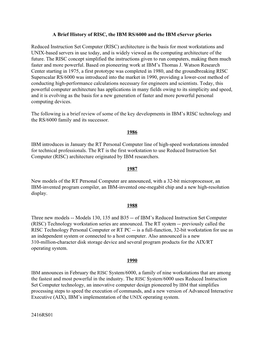 A Brief History of RISC, the IBM RS/6000 and the IBM Eserver Pseries