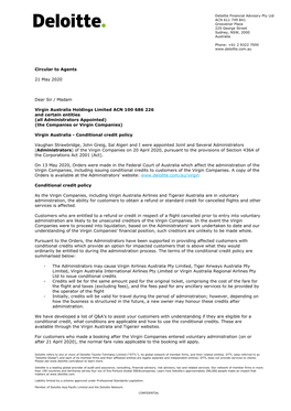 Circular to Agents 21 May 2020 Dear Sir / Madam Virgin Australia