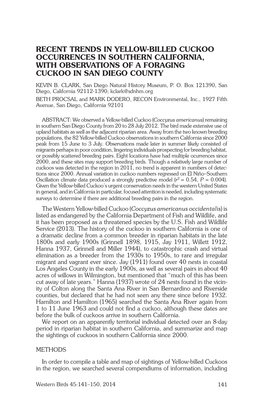 RECENT TRENDS in YELLOW-BILLED CUCKOO OCCURRENCES in SOUTHERN CALIFORNIA, with Observations of a Foraging Cuckoo in San Diego County Kevin B