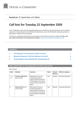 Call Lists for Tuesday 22 September 2020