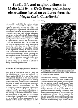 Family Life and Neighbourliness in Malta (C.1640- C.1760): Some Preliminary Observations Based on Evidence from the Magna Curia Castellanire'