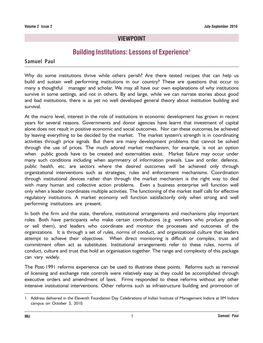 Building Institutions: Lessons of Experience1 Samuel Paul