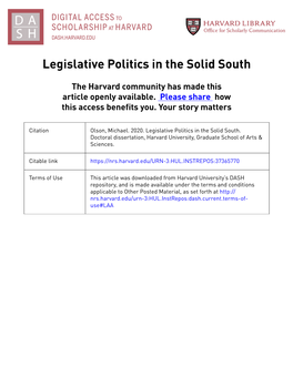 Legislative Politics in the Solid South