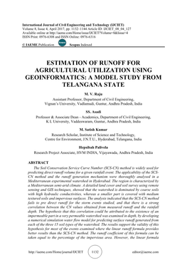 Estimation of Runoff for Agricultural Utilization Using Geoinformatics: a Model Study from Telangana State