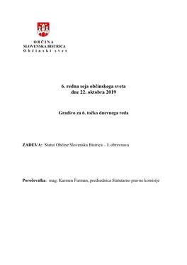 6. Redna Seja Občinskega Sveta Dne 22. Oktobra 2019