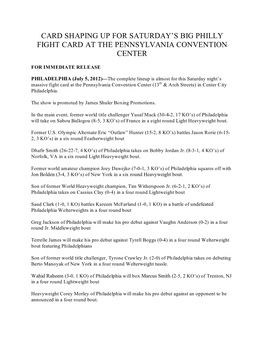 Card Shaping up for Saturday’S Big Philly Fight Card at the Pennsylvania Convention Center