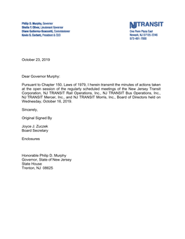 October 23, 2019 Dear Governor Murphy: Pursuant to Chapter 150