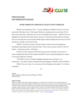 Press Release for Immediate Release