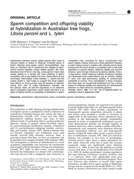 Sperm Competition and Offspring Viability at Hybridization in Australian Tree Frogs, Litoria Peronii and L