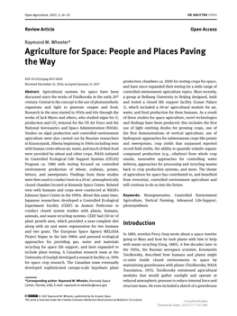 Agriculture for Space: People and Places Paving the Way