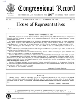 Congressional Record United States Th of America PROCEEDINGS and DEBATES of the 106 CONGRESS, FIRST SESSION