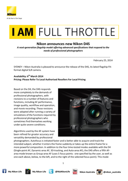 Nikon Announces New Nikon D4S a Next-Generation Flagship Model Offering Advanced Specifications That Respond to the Needs of Professional Photographers