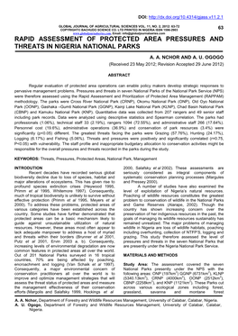 Rapid Assessment of Protected Area Pressures and Threats in Nigeria National Parks