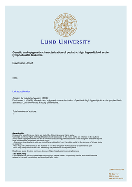 Genetic and Epigenetic Characterization of Pediatric High Hyperdiploid Acute Lymphoblastic Leukemia