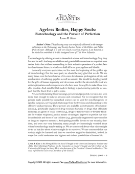 Ageless Bodies, Happy Souls: Biotechnology and the Pursuit of Perfection Leon R