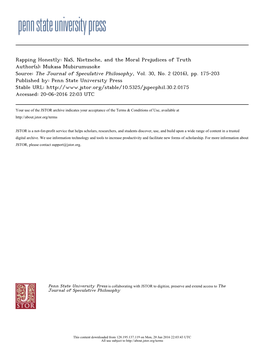 Rapping Honestly: Nas, Nietzsche, and the Moral Prejudices of Truth Author(S): Mukasa Mubirumusoke Source: the Journal of Speculative Philosophy, Vol