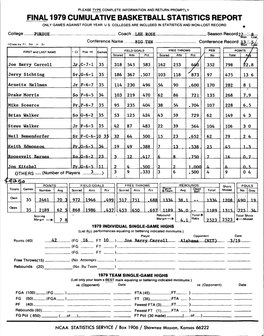 Final 1979 Cumulative Basketball Statistics Report Only Games Against Four Year U S Colleges Are Included in Statistics and Won-Lost Record