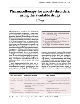 Pharmacotherapy for Anxiety Disorders: Using the Available Drugs P