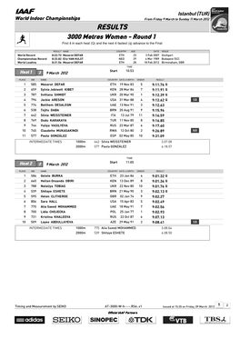 RESULTS 3000 Metres Women - Round 1 First 4 in Each Heat (Q) and the Next 4 Fastest (Q) Advance to the Final