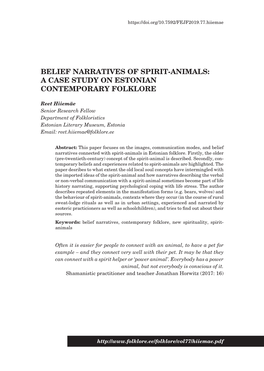 Belief Narratives of Spirit-Animals: a Case Study on Estonian Contemporary Folklore