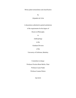 Mixtec Plant Nomenclature and Classification by Alejandro De Ávila a Dissertation Submitted in Partial Satisfaction of The