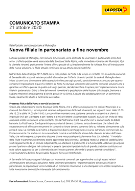 COMUNICATO STAMPA 21 Ottobre 2020 Nuova Filiale in Partenariato a Fine Novembre