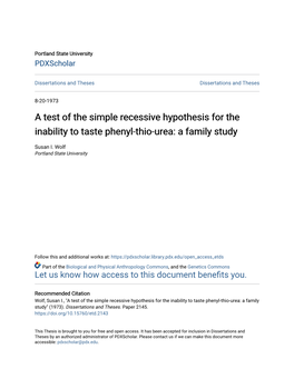 A Test of the Simple Recessive Hypothesis for the Inability to Taste Phenyl-Thio-Urea: a Family Study