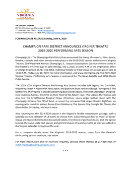 Champaign Park District Announces Virginia Theatre 2019-2020 Performing Arts Season