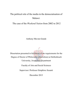 The Political Role of the Media in the Democratisation of Malawi: the Case of the Weekend Nation from 2002 to 2012