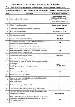 Serial Number of the Candidate in Summary Report of the DEO-04 Name of the State-Jharkhand, District-Godda, Election-Assembly Election 2019