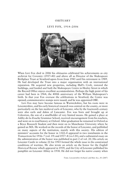 Obituary: Levi Fox 1914-2006 Pp.171-172