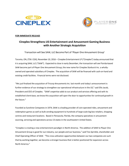 Cineplex Strengthens US Entertainment and Amusement Gaming Business with Another Strategic Acquisition