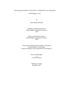 The Psychological Health of Airline Pilots: a Flight Deck Crew's Perceptions and Willingness to Fly