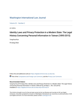 Identity Laws and Privacy Protection in a Modern State: the Legal History Concerning Personal Information in Taiwan (1895-2015)