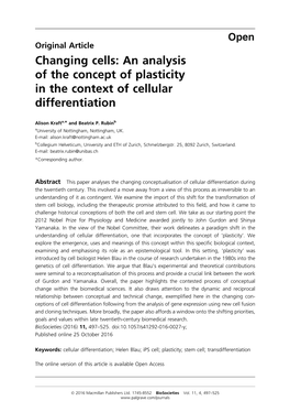 Changing Cells: an Analysis of the Concept of Plasticity in the Context of Cellular Differentiation