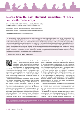 Historical Perspectives of Mental Health in the Eastern Cape