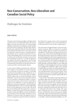 Neo-Conservatism, Neo-Liberalism and Canadian Social Policy