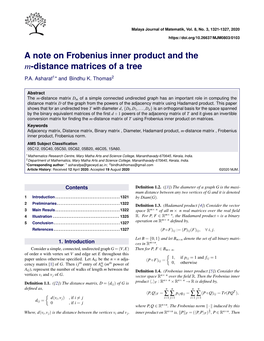 A Note on Frobenius Inner Product and the M-Distance Matrices of a Tree